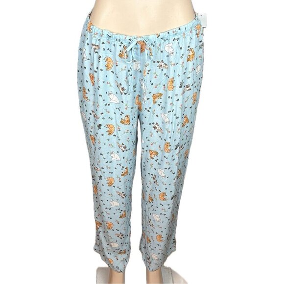 Ed Ellen Degeneres L Cat Floral Print Button Short Sleeve Top-Ankle Pants PJ Set - Picture 3 of 11